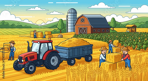Farmers harvesting wheat, loading hay bales onto a tractor trailer in a rural countryside scene with a barn and silo.