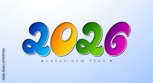 Happy New Year 2026 Logo Design with Cutting Colorful Number on White Background. Christmas Holiday Greeting Card Illustration with Typography Lettering for Calendar, Flyer, Banner, Celebration Poster