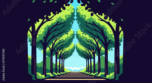 A road lined with trees forms a lung-like shape, symbolizing nature and breath.