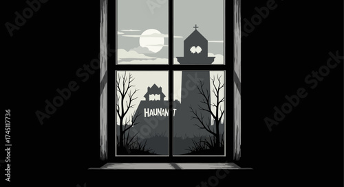 A spooky black and white illustration of a haunted lighthouse and building seen through a window on a full moon night.