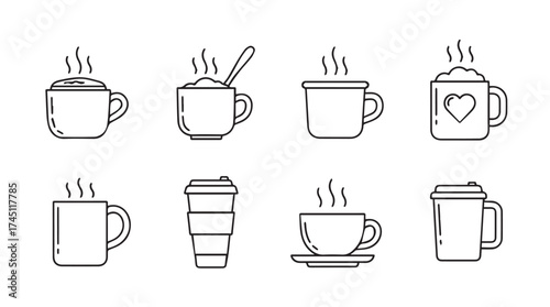 Collection of hand drawn coffee mugs and cups with steam for hot beverages vector