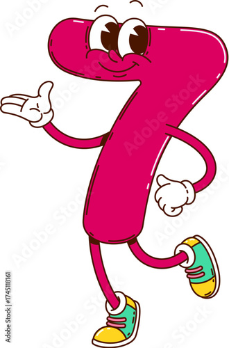 Cartoon groovy number seven character. Isolated vector playful and funky 7 figure with big round eyes, a cheerful smile, and purple body. Mathematics numeric personage for kids school education