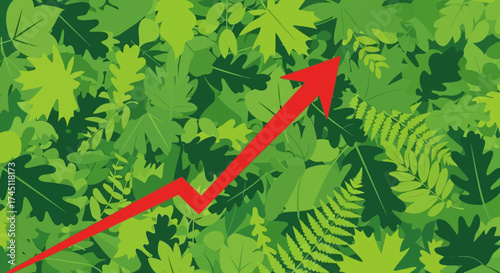 Upward trending red arrow graph symbolizing growth over a background of green leaves.