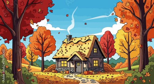 Charming cottage nestled amidst vibrant autumn foliage with smoke gently rising from its chimney.
