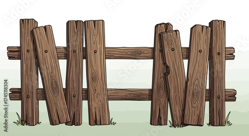 A rustic, old, and broken wooden fence with several loose planks, set against a plain background.