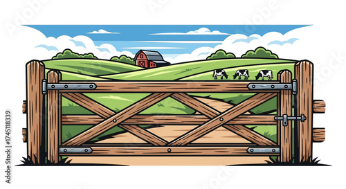 A detailed illustration of a wooden gate leading to a farm landscape with cows.