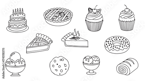Collection of desserts and pastries line art hand drawn style sweet treats vector
