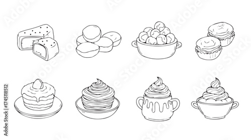 Collection of delicious desserts sketch hand drawn icons seamless pattern sweet treats for culinary projects vector