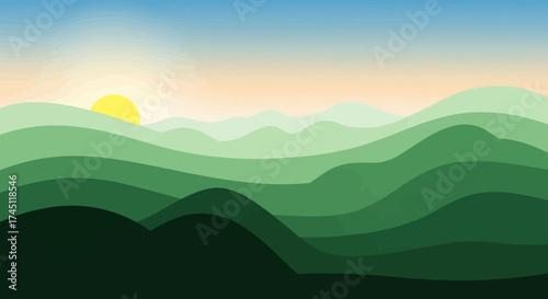 Stylized illustration of rolling green hills at sunrise or sunset with a clear sky, featuring layered abstract shapes.