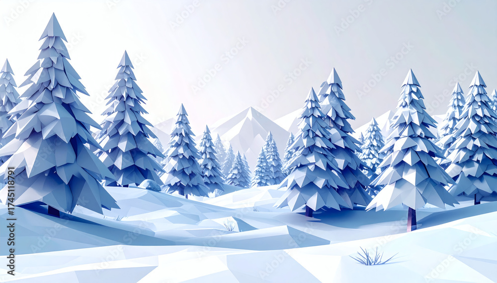 Naklejka premium Low-poly winter pine forest with faceted polygon snow-covered trees on a white background showcasing geometric nature design, modern 3D winter landscape illustration, and minimalist digital art style