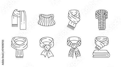 Collection of hand drawn scarves and winter accessories with various textures and styles vector