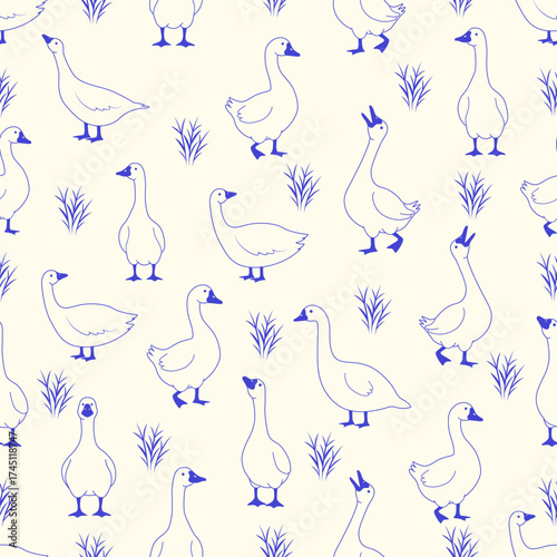 Seamless pattern with cartoon geese and grass elements in blue and cream, perfect for children's designs.