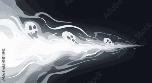 A group of white, cartoonish ghosts with spooky faces emerging from a bright light and fading into darkness.
