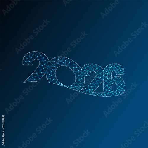 Futuristic 2026 digital design with glowing polygonal network lines, blue neon grid, technology concept, modern innovation, and cyber new year theme.