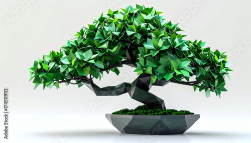 Low-poly bonsai tree with angular green polygon leaves and polygon pot on a white background showcasing geometric nature design, modern 3D miniature tree illustration, and minimalist digital art style