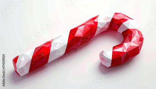 Polygonal candy cane with red and white angular polygons on a white background showcasing geometric holiday design, modern 3D festive illustration, and minimalist digital art style