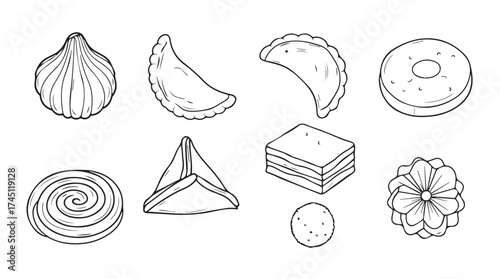 Set of hand drawn delicious pastries and sweet treats isolated sketch elements vector