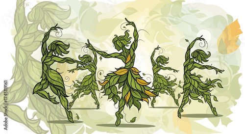 Stylized illustration of five dancers made of green leaves and vines, performing ballet poses against a leafy background.