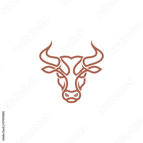Brown minimalist bull head logo on white background. Lines form the face, horns, and snout