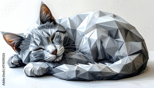 Polygonal cat curled up with angular gray polygons on a white background showcasing geometric animal design, modern 3D feline illustration, and minimalist digital art style