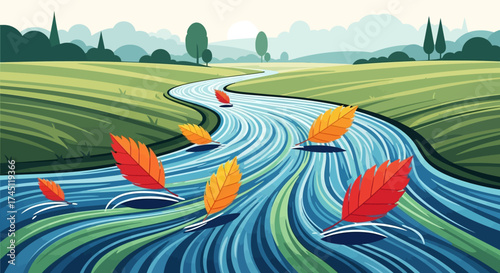 Stylized illustration of a winding river with colorful autumn leaves floating through vibrant green fields and rolling hills.