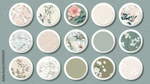 Korean Modern Floral Circle Sticker Collection in Pastel Beige and Sage Tones