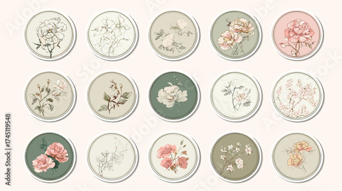 Korean Modern Floral Circle Sticker Collection in Pastel Beige and Sage Tones