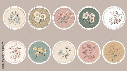 Korean Modern Floral Circle Sticker Collection in Pastel Beige and Sage Tones