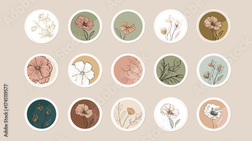 Korean Modern Floral Circle Sticker Collection in Pastel Beige and Sage Tones