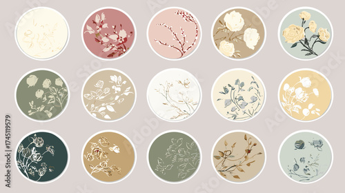 Korean Modern Floral Circle Sticker Collection in Pastel Beige and Sage Tones