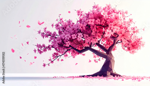 Polygonal cherry blossom tree with pink polygon flowers on a white background showcasing geometric nature design, modern 3D floral illustration, and minimalist digital art style