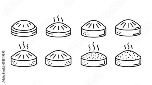 Collection of hand-drawn steaming dumplings and bao buns asian food icons set vector