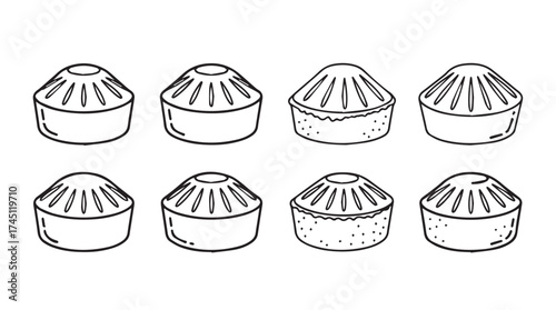 Eight hand drawn sketches of small cupcakes or muffins in a row isolated vector