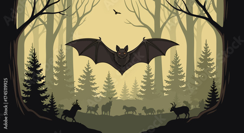 A large bat with outstretched wings flying over a dark, mysterious forest with silhouetted animals below.