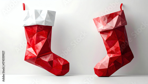 Polygonal Christmas stocking with angular red and white polygons on a white background showcasing geometric holiday design, modern 3D festive illustration, and minimalist digital art style