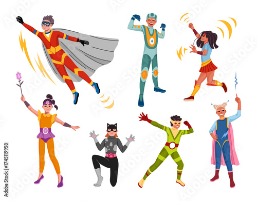Cartoon kids superhero characters, girls and boys in superhero costumes with magic powers, vector set. Superhero kids with magic power, superpower and energy blasts for child superhuman characters