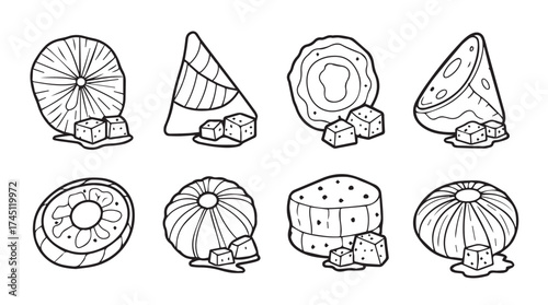 Hand drawn dessert slices and cubes sketches isolated food art line drawings vector