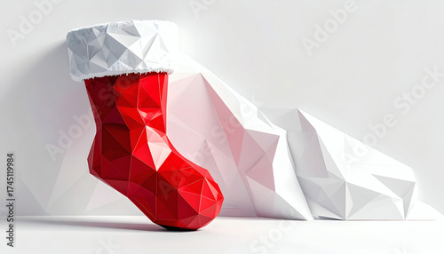 Polygonal Christmas stocking with angular red and white polygons on a white background showcasing geometric holiday design, modern 3D festive illustration, and minimalist digital art style