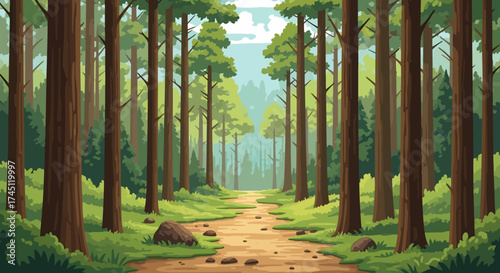 A winding dirt path through a dense, stylized forest of tall green trees and lush grass, creating a serene natural landscape.