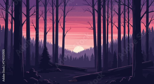 A serene pixel art forest scene at sunset with purple and pink hues painting the sky and silhouetted trees.