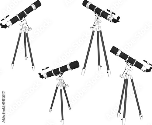 Vector sketch illustration of a modern telescope design with a tripod to observe distant objects, planets and stars to see them more clearly 
