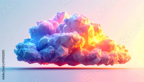 Polygonal cloud with glowing sunset edges and faceted polygons on a white background showcasing geometric weather design, modern 3D cloud illustration, and minimalist digital art style