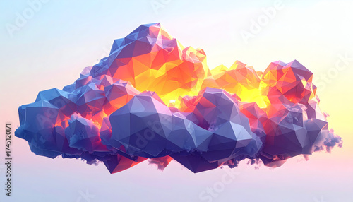 Polygonal cloud with glowing sunset edges and faceted polygons on a white background showcasing geometric weather design, modern 3D cloud illustration, and minimalist digital art style