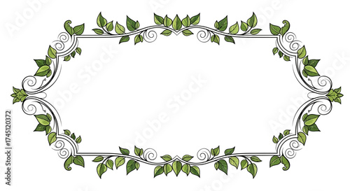 An elegant horizontal oval frame with intricate silver scrollwork and vibrant green leaves, perfect for decorative text or design elements.