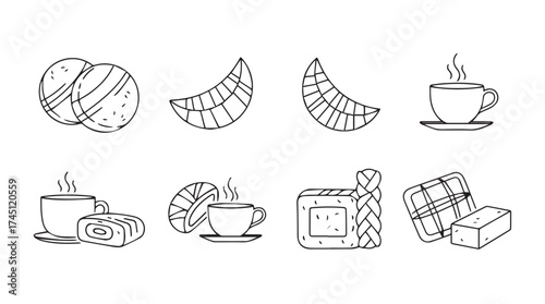 Hand drawn breakfast and coffee icons featuring croissants pastries and steaming hot beverages vector
