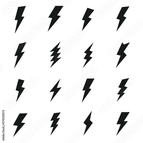 Collection of sixteen black lightning bolt icons and symbols on a white background