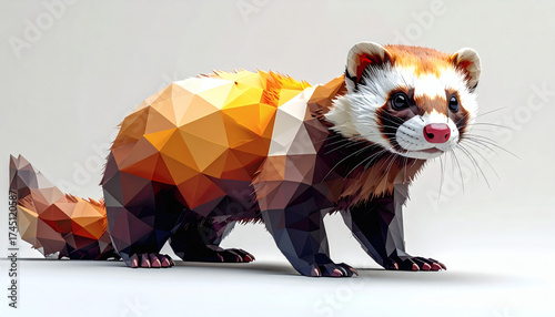 Polygonal ferret with angular polygon body on a white background showcasing geometric animal design, modern 3D ferret illustration, and minimalist digital art style