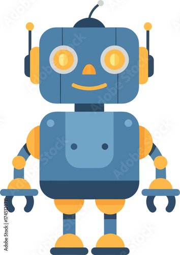 Cute Blue Robot with Yellow Accents - Flat Vector