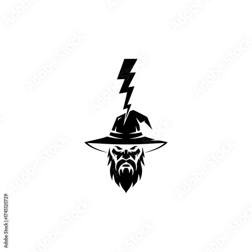 A black wizard with a fierce expression, large beard, hat, and lightning bolt
