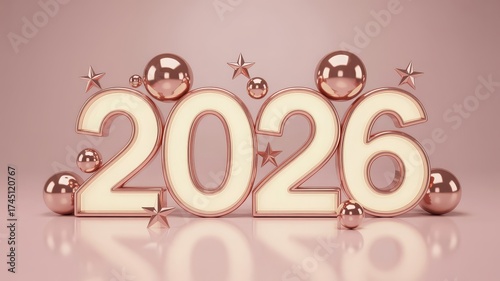 Rose gold 2026 numbers with metallic spheres and stars on a reflective pink background, celebrating the new year and future events.